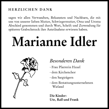 Traueranzeige von Marianne Idler von Hohenloher Tagblatt