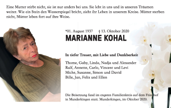 Traueranzeige von Marianne Kohal von Ehinger Tagblatt