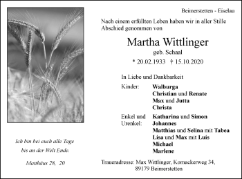 Traueranzeige von Martha Wittlinger von SÜDWEST PRESSE Ausgabe Ulm/Neu-Ulm