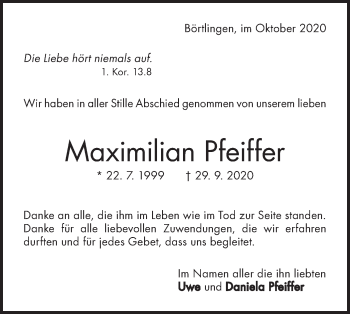 Traueranzeige von Maximilian Pfeiffer von NWZ Neue Württembergische Zeitung