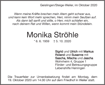 Traueranzeige von Monika Strähle von Geislinger Zeitung