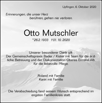 Traueranzeige von Otto Mutschler von Metzinger-Uracher Volksblatt