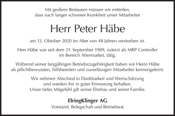 Traueranzeige von Peter Häbe von Metzinger-Uracher Volksblatt