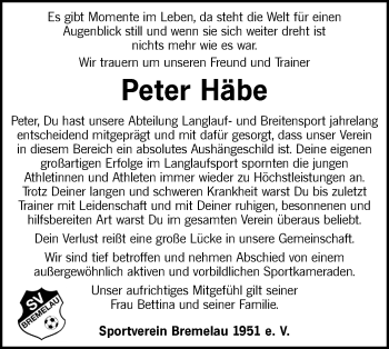 Traueranzeige von Peter Häbe von Alb-Bote/Metzinger-Uracher Volksblatt