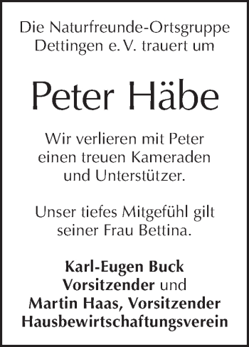 Traueranzeige von Peter Häbe von Metzinger-Uracher Volksblatt