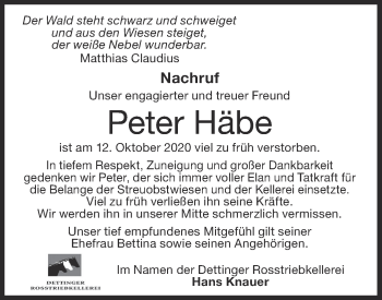 Traueranzeige von Peter Häbe von Metzinger-Uracher Volksblatt