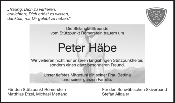 Traueranzeige von Peter Häbe von Metzinger-Uracher Volksblatt