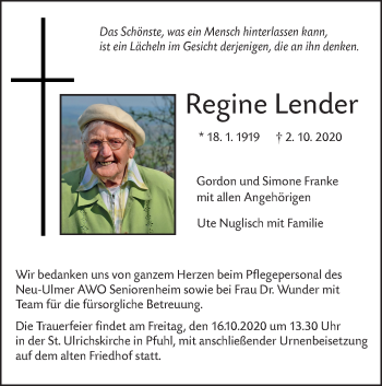 Traueranzeige von Regine Lender von SÜDWEST PRESSE Ausgabe Ulm/Neu-Ulm