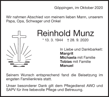 Traueranzeige von Reinhold Munz von NWZ Neue Württembergische Zeitung