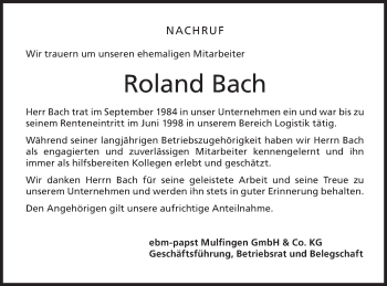 Traueranzeige von Roland Bach von Hohenloher Tagblatt