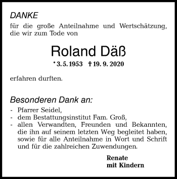 Traueranzeige von Roland Däß von Hohenloher Tagblatt