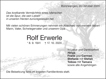 Traueranzeige von Rolf Erwerle von NWZ Neue Württembergische Zeitung