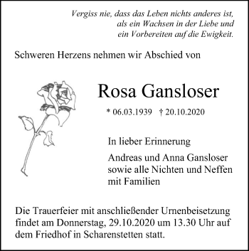 Traueranzeige von Rosa Gansloser von SÜDWEST PRESSE Ausgabe Ulm/Neu-Ulm