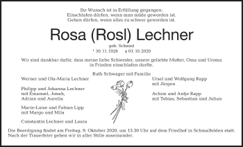 Traueranzeige von Rosa Lechner von Hohenloher Tagblatt