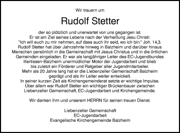 Traueranzeige von Rudolf Stetter von Illertal Bote