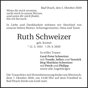 Traueranzeige von Ruth Schweizer von Metzinger-Uracher Volksblatt