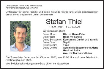 Traueranzeige von Stefan Thiel von NWZ Neue Württembergische Zeitung