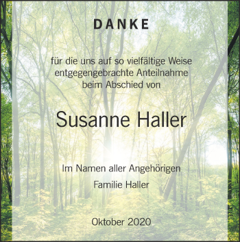 Traueranzeige von Susanne Haller von SÜDWEST PRESSE Ausgabe Ulm/Neu-Ulm