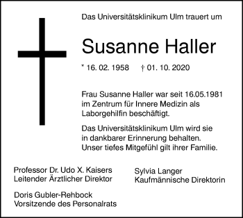 Traueranzeige von Susanne Haller von SÜDWEST PRESSE Ausgabe Ulm/Neu-Ulm