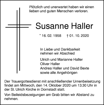 Traueranzeige von Susanne Haller von SÜDWEST PRESSE Ausgabe Ulm/Neu-Ulm