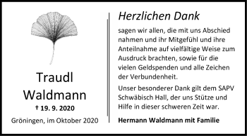 Traueranzeige von Traudl Waldmann von Hohenloher Tagblatt