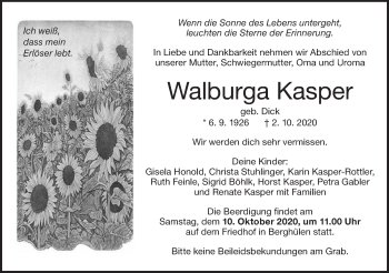 Traueranzeige von Walburga Kasper von SÜDWEST PRESSE Ausgabe Ulm/Neu-Ulm