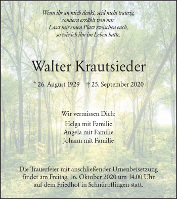 Traueranzeige von Walter Krautsieder von SÜDWEST PRESSE Ausgabe Ulm/Neu-Ulm