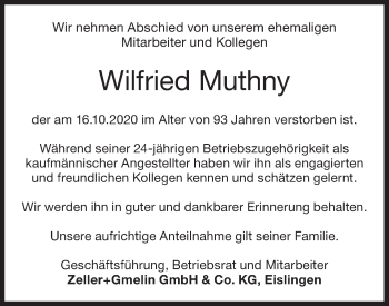 Traueranzeige von Wilfried Muthny von NWZ Neue Württembergische Zeitung