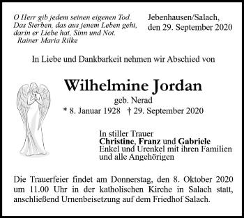 Traueranzeige von Wilhelmine Jordan von NWZ Neue Württembergische Zeitung