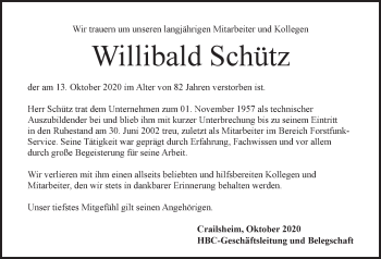 Traueranzeige von Willibald Schütz von Hohenloher Tagblatt