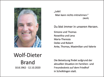 Traueranzeige von Wolf-Dieter Brand von Ehinger Tagblatt