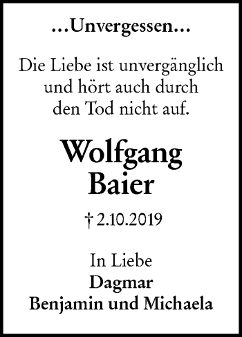 Traueranzeige von Wolfgang Baier von Ehinger Tagblatt