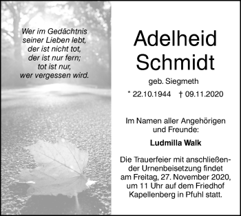 Traueranzeige von Adelheid Schmidt von SÜDWEST PRESSE Ausgabe Ulm/Neu-Ulm