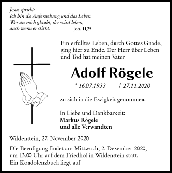 Traueranzeige von Adolf Rögele von Hohenloher Tagblatt