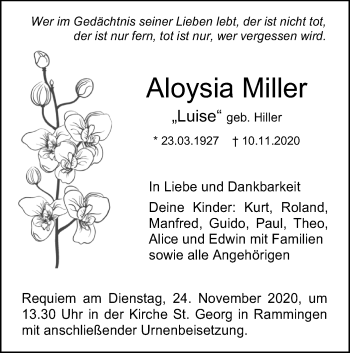 Traueranzeige von Aloysia Miller von SÜDWEST PRESSE Ausgabe Ulm/Neu-Ulm