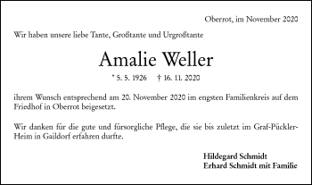 Traueranzeige von Amalie Weller von Rundschau Gaildorf