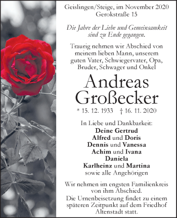 Traueranzeige von Andreas Großecker von Geislinger Zeitung