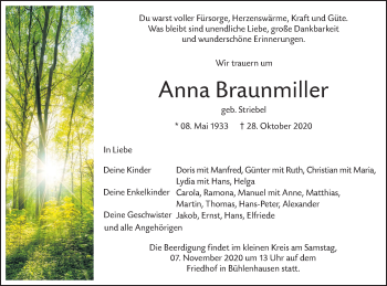 Traueranzeige von Anna Braunmiller von SÜDWEST PRESSE Ausgabe Ulm/Neu-Ulm