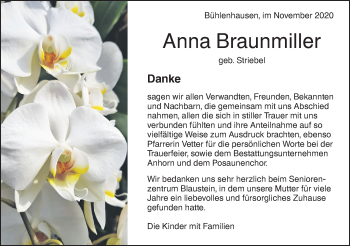 Traueranzeige von Anna Braunmiller von SÜDWEST PRESSE Ausgabe Ulm/Neu-Ulm