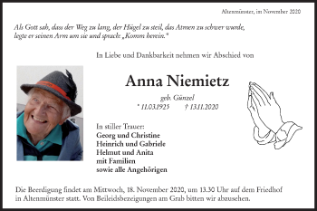 Traueranzeige von Anna Niemietz von Hohenloher Tagblatt