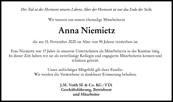 Traueranzeige von Anna Niemietz von Hohenloher Tagblatt