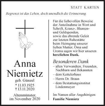 Traueranzeige von Anna Niemietz von Hohenloher Tagblatt