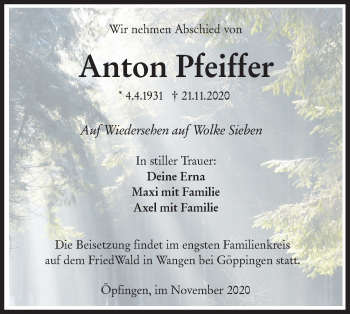 Traueranzeige von Anton Pfeiffer von Ehinger Tagblatt