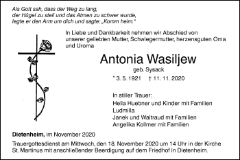 Traueranzeige von Antonia Wasiljew von Illertal Bote