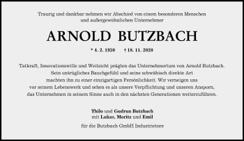 Traueranzeige von Arnold Butzbach von SÜDWEST PRESSE Ausgabe Ulm/Neu-Ulm