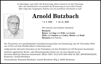 Traueranzeige von Arnold Butzbach von SÜDWEST PRESSE Ausgabe Ulm/Neu-Ulm