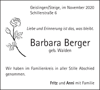 Traueranzeige von Barbara Berger von Geislinger Zeitung