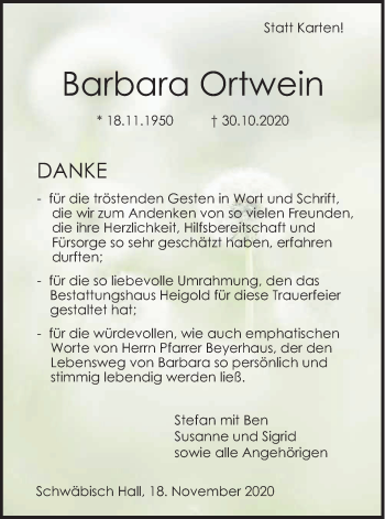 Traueranzeige von Barbara Ortwein von Haller Tagblatt