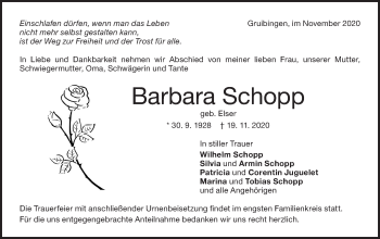 Traueranzeige von Barbara Schopp von NWZ Neue Württembergische Zeitung/Geislinger Zeitung