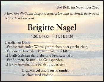 Traueranzeige von Brigitte Nagel von NWZ Neue Württembergische Zeitung